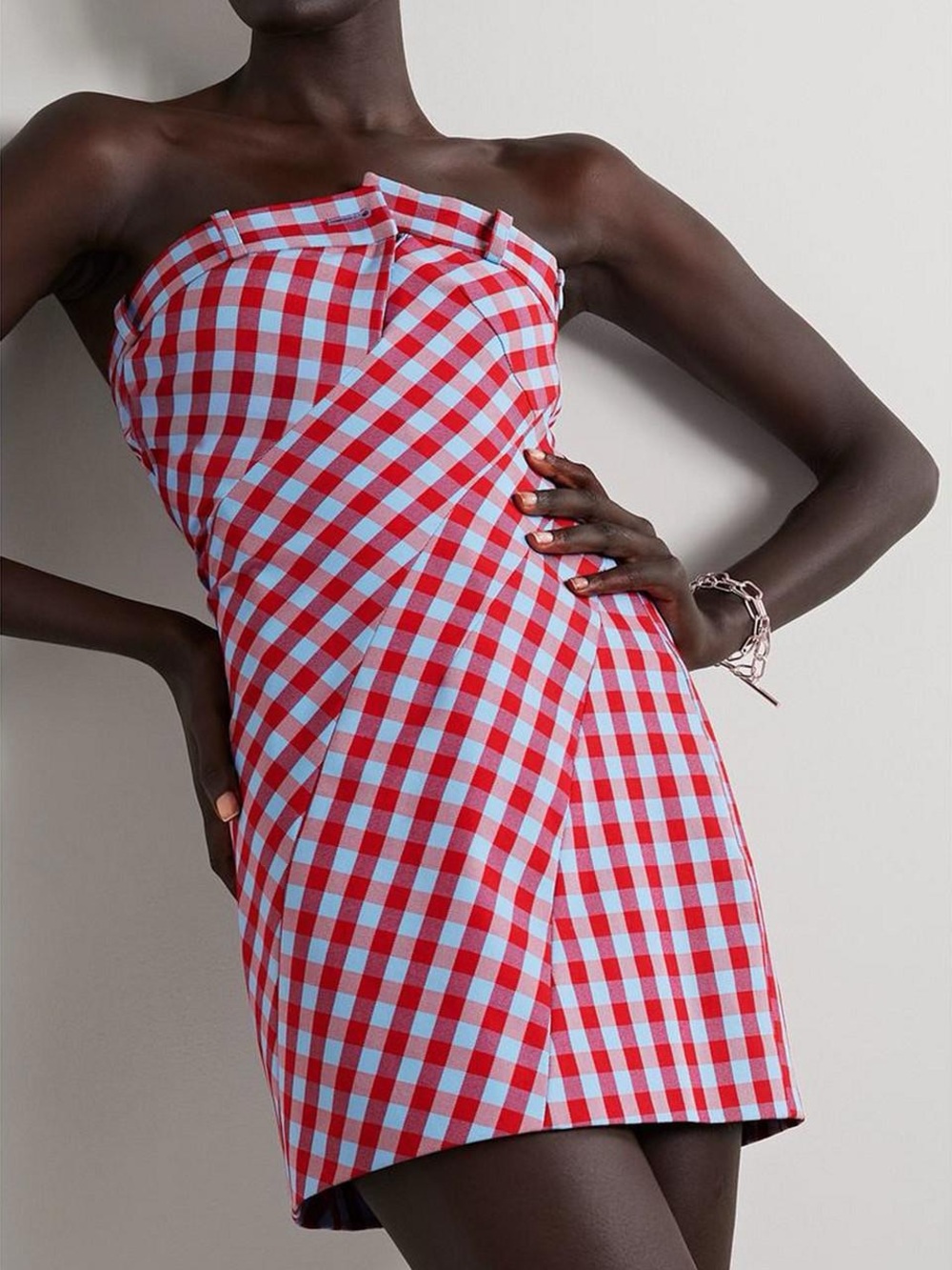 MONSE Red & Light Blue Gingham Strapless Mini Dress